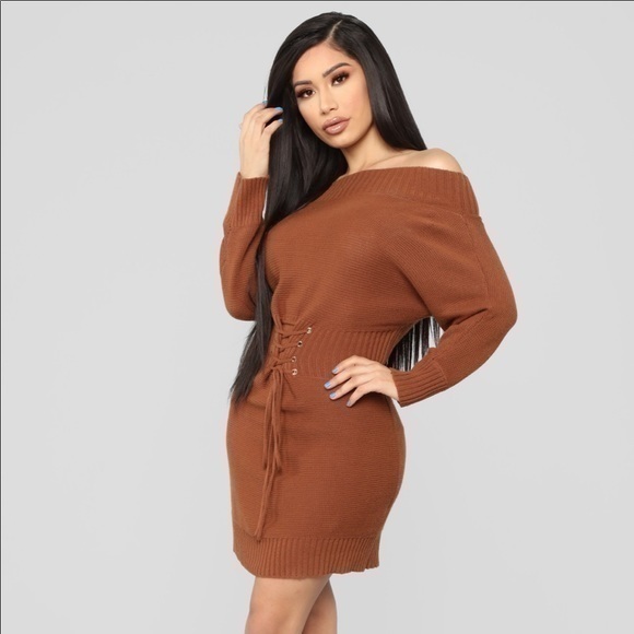 Mustard sweater Dress - long sleeve Off Shoulder - Picture 3 of 8